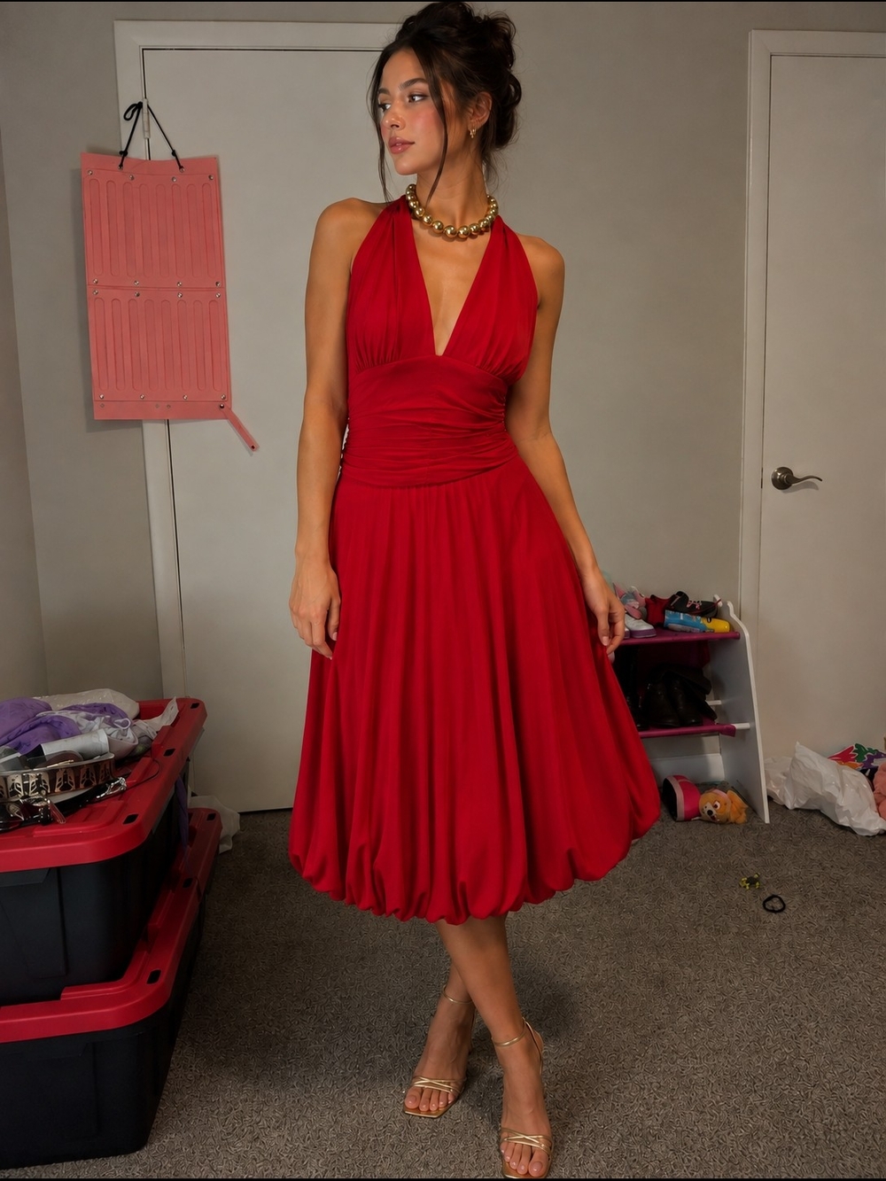 Cache Vintage Y2K Red Halter V-Neck Bubble-Hem Midi Dress